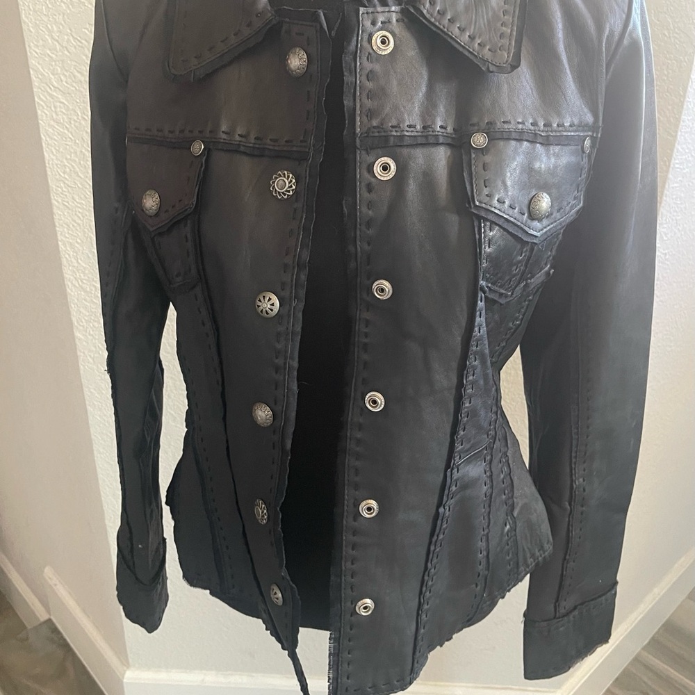 Womens Black Leather Button-Front Jacket